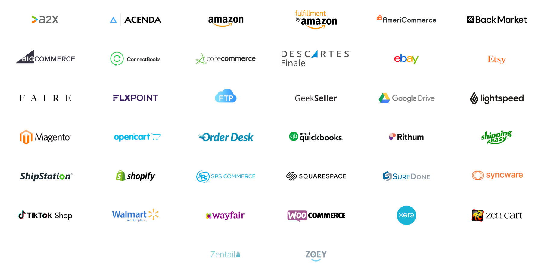 Logos of integration partners including Amazon, eBay, Etsy, Shopify, BigCommerce, Walmart, ShipStation, QuickBooks and more